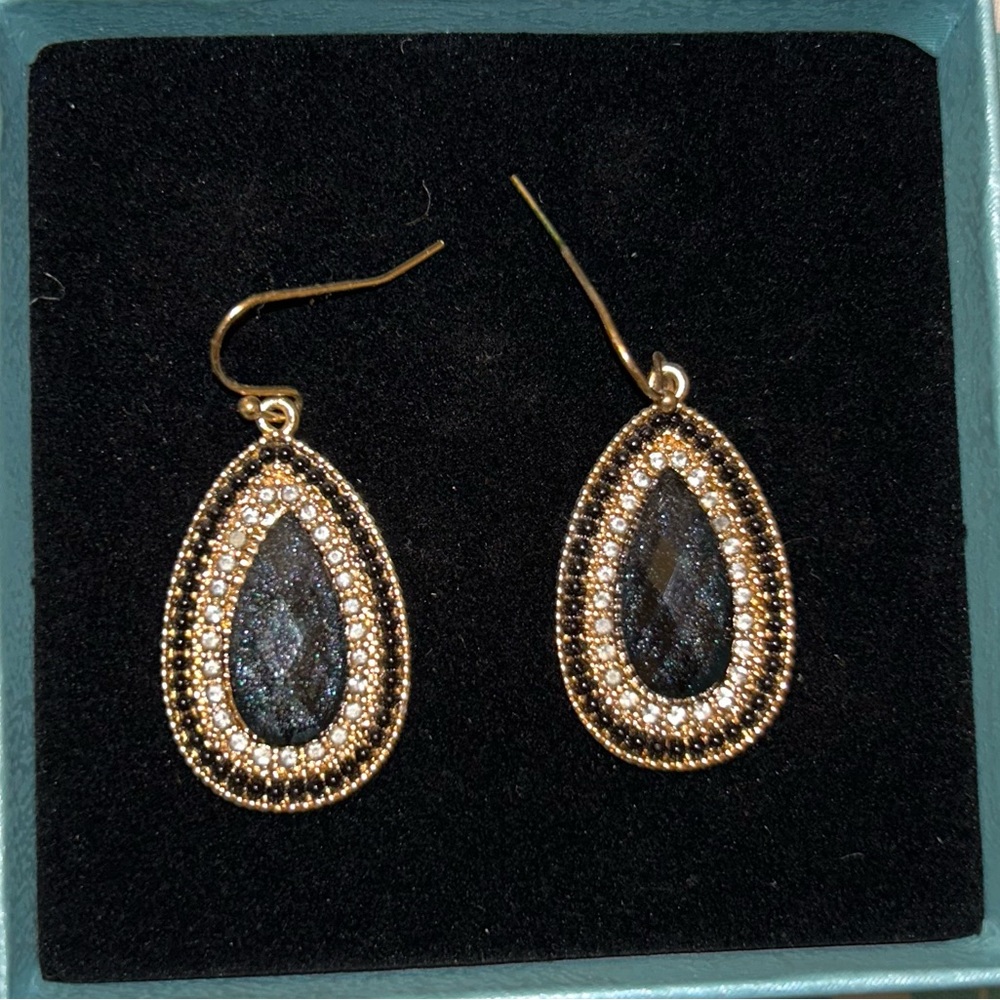 Navy Blue and Gold Dangle Earrings